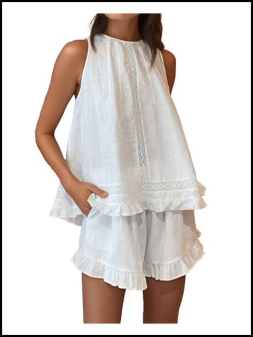 Womens 100% Cotton Ruffle Pajama Set Lace Trim Sleeveless Top Shorts